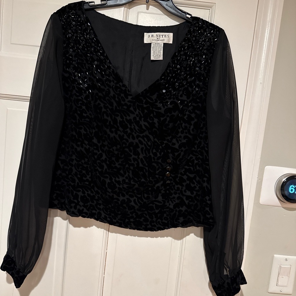 Black Velvet & Chiffon Long-Sleeve V-Neck Blouse